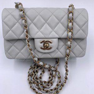 Authentic CHANEL Classic Grey Lambskin Mini Rectangular GHW